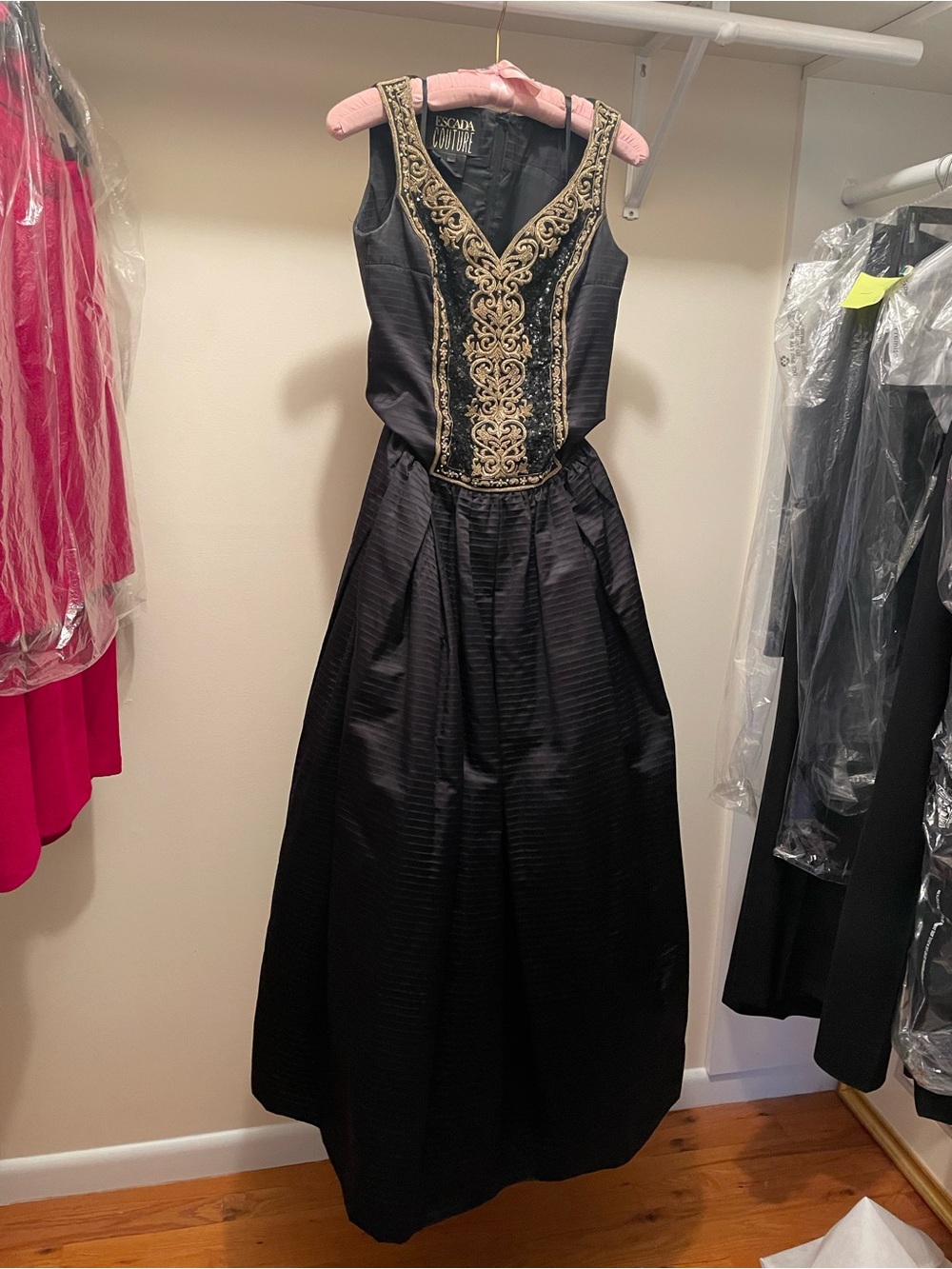 Escada Couture Black Gown with Gold Embellished Bodice